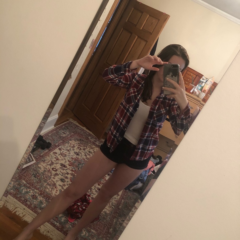 Red blue white checkered flannel